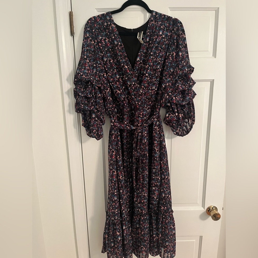 Julian Taylor Chacha Sleeve Spot Print Surplice Midi Dress